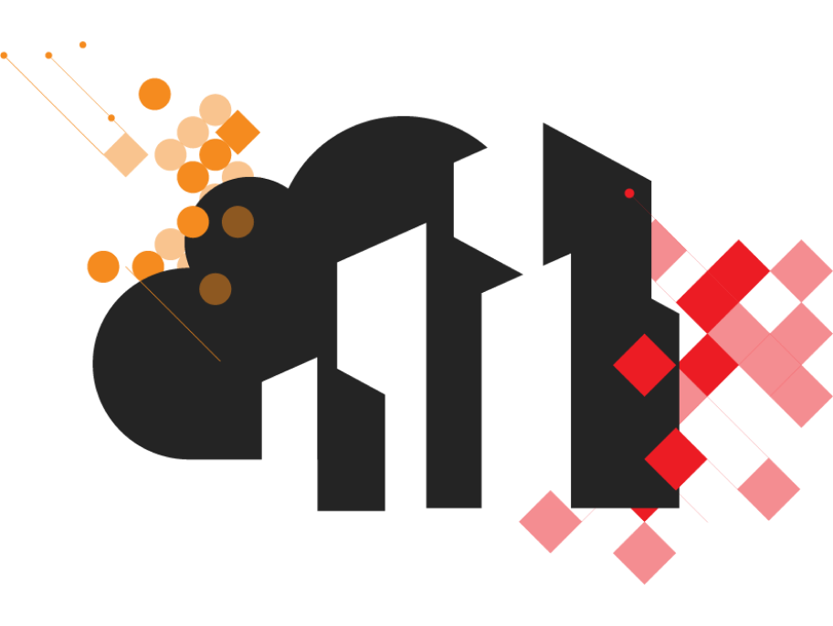 Cityscape on a cloud with multiple shapes. 